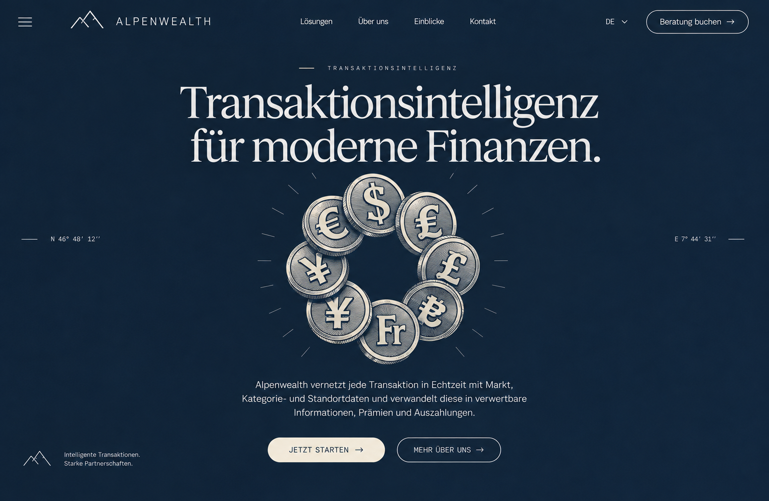Illustratives Designkonzept für Alpenwealth, kein Kundenprojekt: dunkelblaue Finanzwebsite mit Transaktionsintelligenz und einem Kreis aus Währungsmünzen