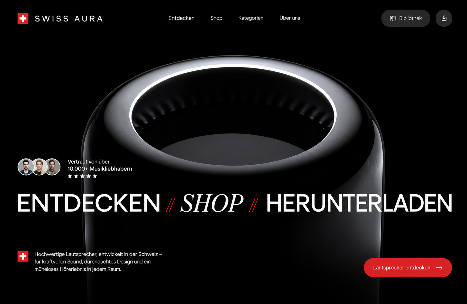 Designkonzept für die Website von Swiss Aura: schwarzer Lautsprecher auf schwarzem Grund mit Navigation, Headline und Bestell-Button